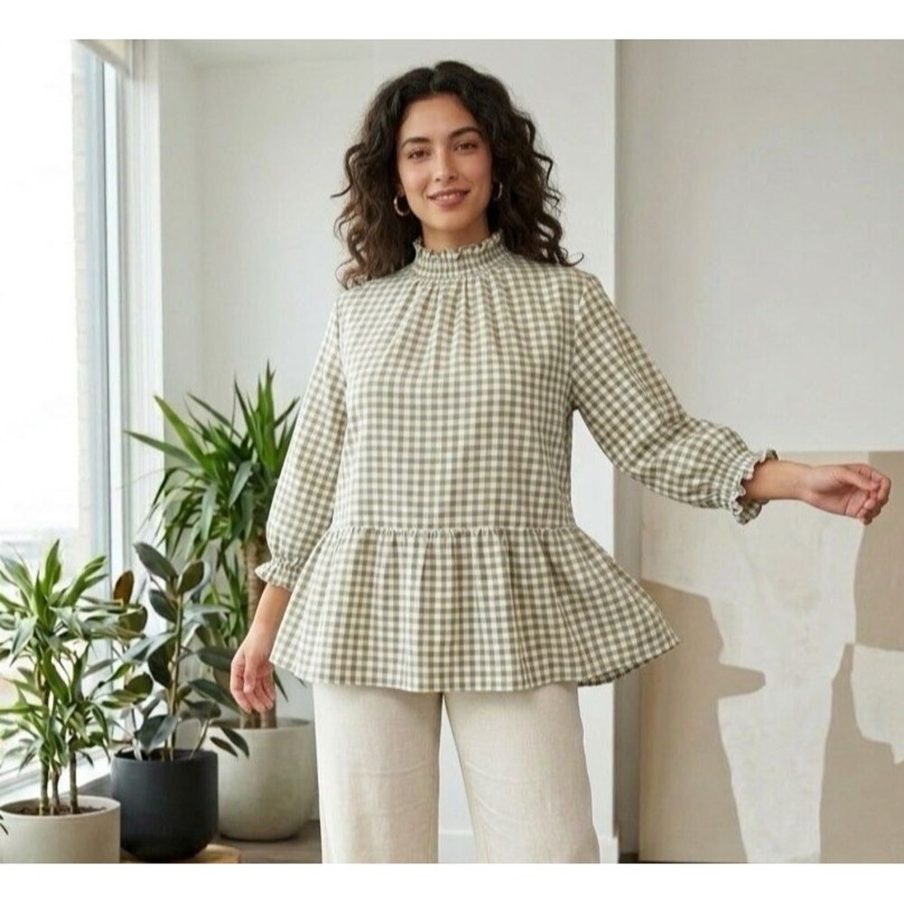 Boohoo Olive Green Gingham Peplum Top Smocked Mock Neck Ruffle Sleeve Blouse 18